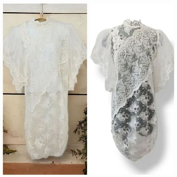 Vintage Victorian Flutter Puff Sleeve Sheer Ivory Lace Formal Wedding Dress M/L - Picture 1 of 13